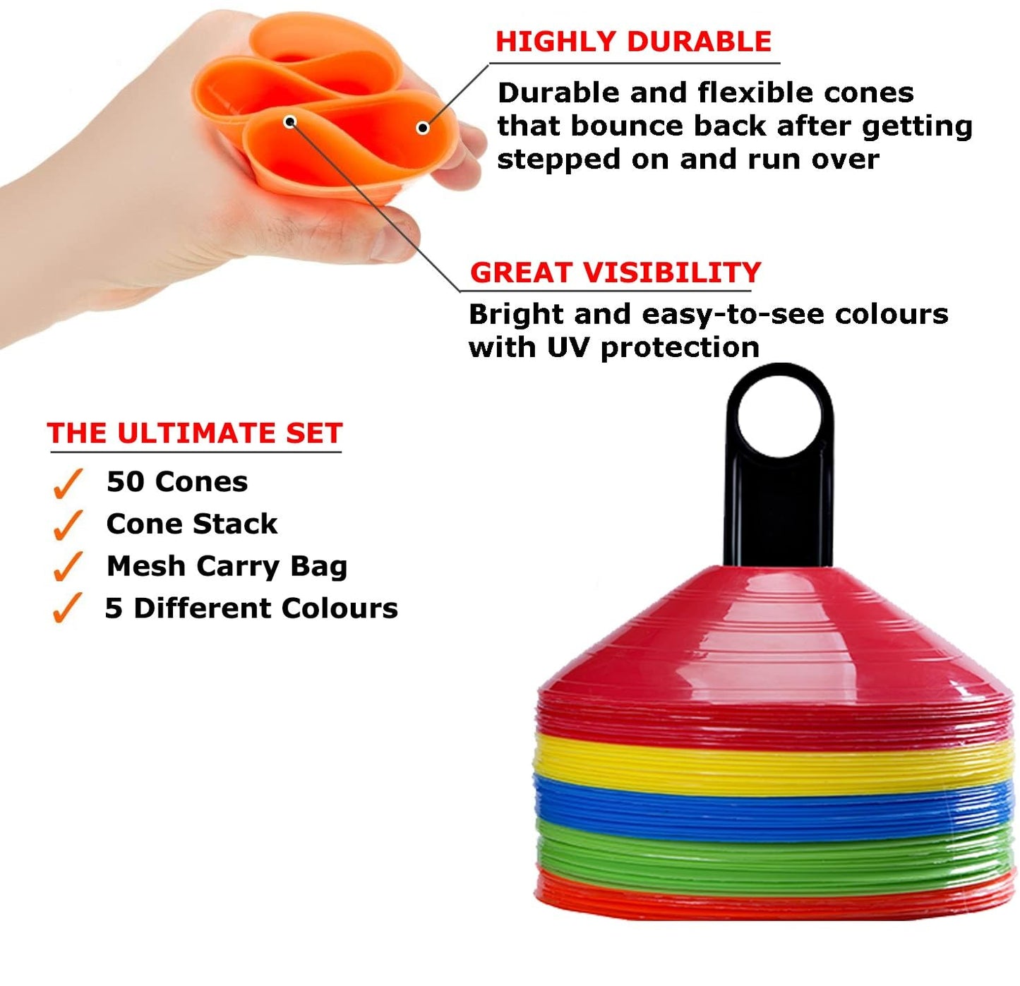 Vertent Football Cones (Set of 50) - with Carry Bag and Cone Holder
