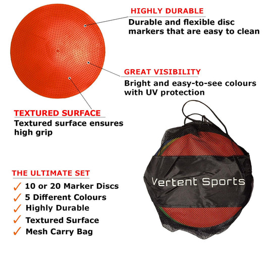 Vertent Flat Disc Markers (Set of 20) - 5 Colours, Full Sized, With Carry Bag